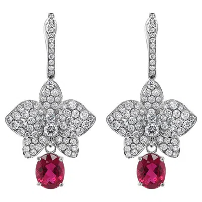 Pre-owned Unbranded Red Pink Tourmaline & White Diamond Floral Petals Pave 18k White Gold Earrings