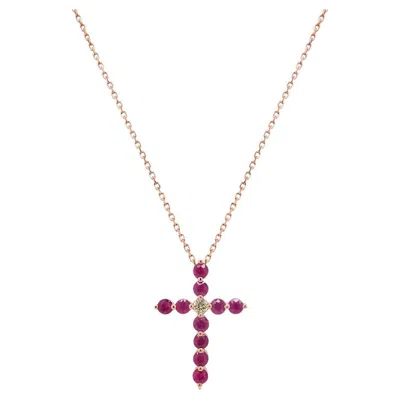 Pre-owned Unbranded Red Ruby & Fancy Diamond 18k Rose Gold Cross Pendant Necklace