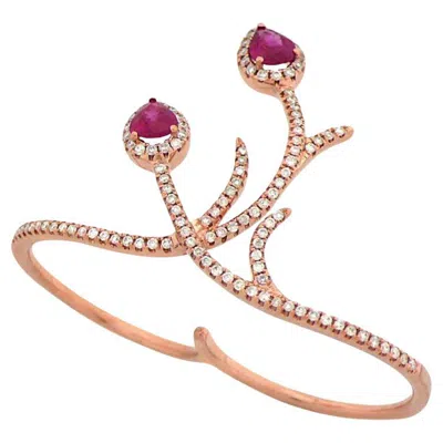 Pre-owned Unbranded Red Ruby & White Diamond 18k Rose Gold Peacock Double Finger Ring