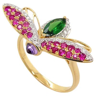 Pre-owned Unbranded Red Ruby Green Garnet & Diamond Pave Purple Sapphire 18k Gold Fly Ring
