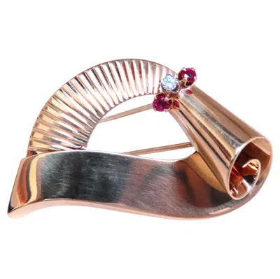 Pre-owned Unbranded Regency Deco Ruby Diamond Swirl Brooch Pin 14kt 12533 In Multi