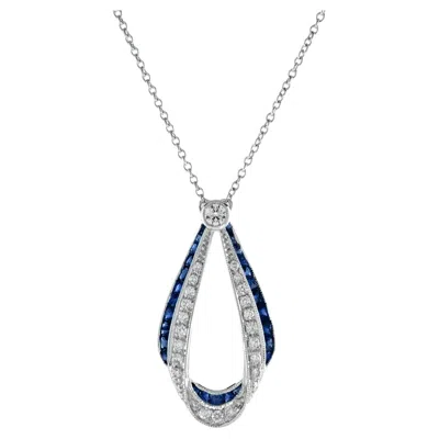 Pre-owned Unbranded Ribbon Art Deco Style Blue Sapphire & Diamond 14k White Gold Pendant Necklace