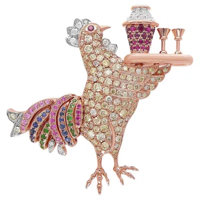 Pre-owned Unbranded Rooster Bird Chicken Diamond Sapphire Ruby Garnet & Pearl Gold Cocktail Brooch In Blue