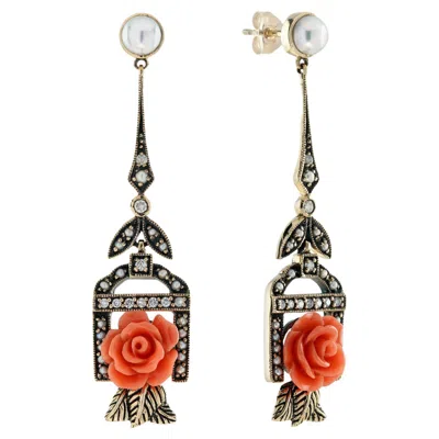 Pre-owned Unbranded Rose Carved Coral Pearl Diamond Vintage Style Drop 9k Gold Earrings In Red