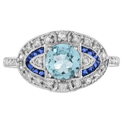 Pre-owned Unbranded Round Aquamarine & Blue Sapphire And Diamond Engagement 14k White Gold Ring