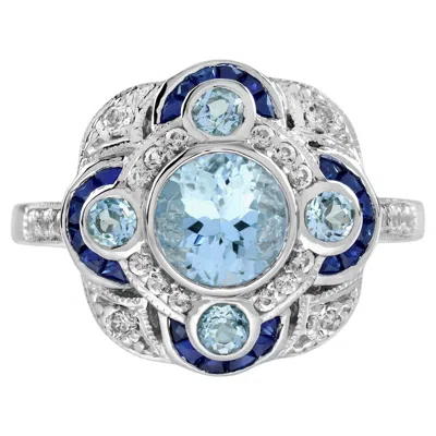Pre-owned Unbranded Round Blue Aquamarine & Sapphire Diamond Art Deco Style White Gold Ring