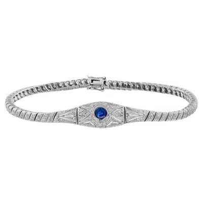 Pre-owned Unbranded Round Blue Sapphire & Diamond Art Deco Inspired Design White Gold Bracelet