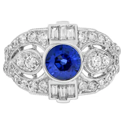 Pre-owned Unbranded Round Blue Sapphire & Diamond Art Deco Style Engagement 18k White Gold Ring