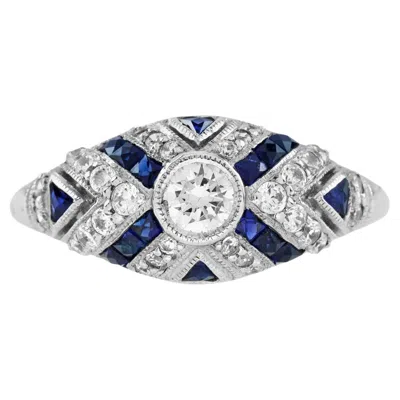 Pre-owned Unbranded Round Diamond & Blue Sapphire Art Deco Style 18k White Gold Ring