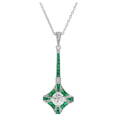 Pre-owned Unbranded Round Diamond & Green Emerald Art Deco Style 14k White Gold Pendant Necklace