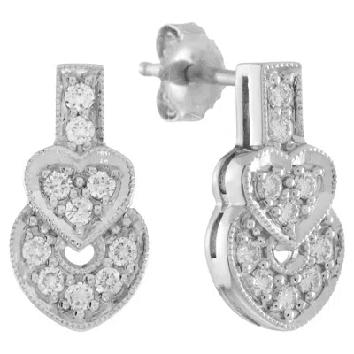 Pre-owned Unbranded Round Diamond Pave Set Heart Shape Stud 14k White Gold Art Deco Style Earrings
