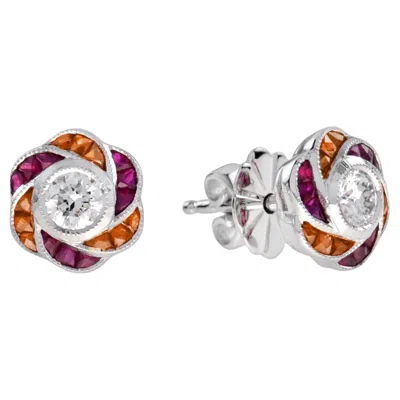 Pre-owned Unbranded Round Diamond Red Pink Ruby Orange Sapphire Floral Stud 14k White Gold Earrings