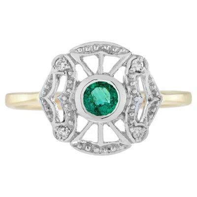 Pre-owned Unbranded Round Green Emerald & Diamond Art Deco Style Two Tone Gold Ring