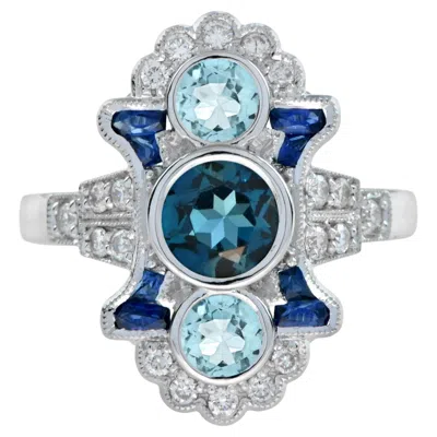 Pre-owned Unbranded Round London Blue Topaz & Aquamarine Sapphire And Diamond 14k White Gold Ring