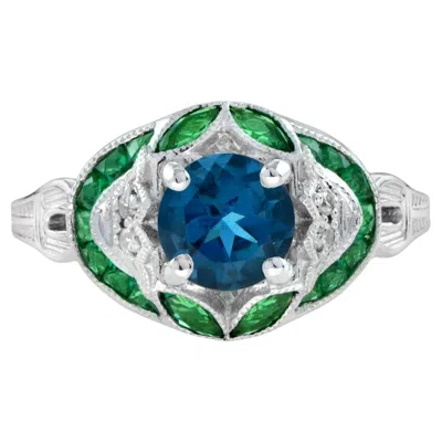 Pre-owned Unbranded Round London Blue Topaz & Diamond Green Emerald Art Deco Style White Gold Ring