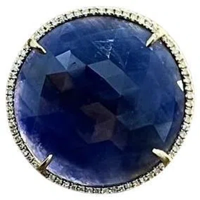 Pre-owned Unbranded Round Shape Blue Sapphire Faceted Cabochon Slice 14k Gold Diamond Halo Ring