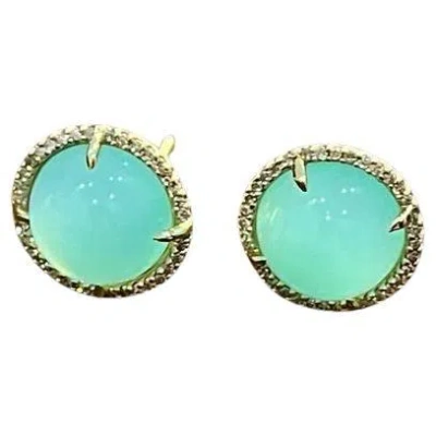 Pre-owned Unbranded Round Shape Cabochon Green Aquamarine 14k Yellow Gold Diamond Halo Stud Earrings