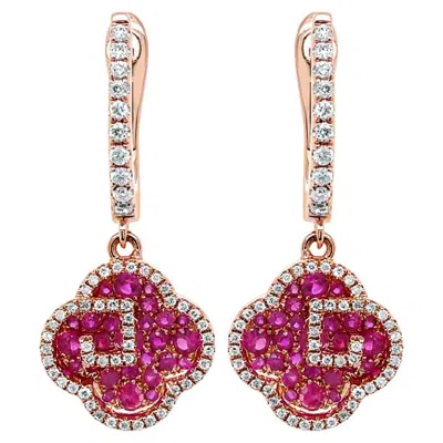 Pre-owned Unbranded Ruby & Diamond 18k Rose Gold Floral Flower Clover Style Drop Earrings In Red