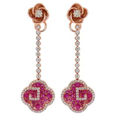Pre-owned Unbranded Ruby & Diamond 18k Rose Gold Floral Flower Clover Style Drop Earrings In Red