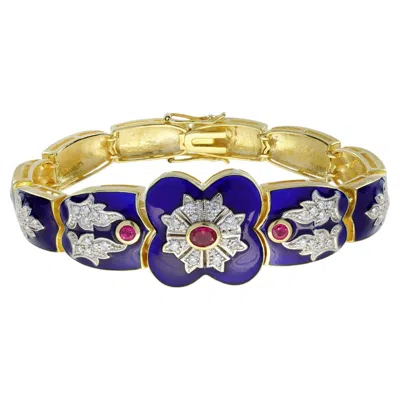 Pre-owned Unbranded Ruby Diamond Blue Enamel Antique Inspired Style 14k Yellow Gold Bracelet