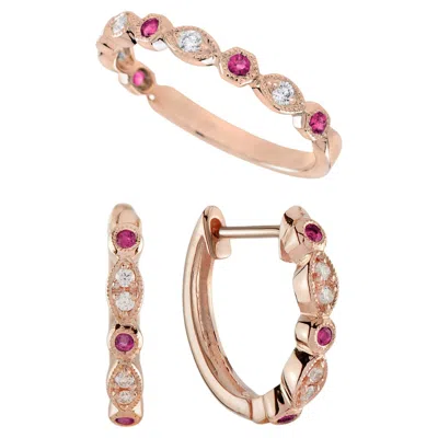 Pre-owned Unbranded Ruby Diamond Vintage Style Band Ring Huggie Earrings Matching 14k Rose Gold Set In Red