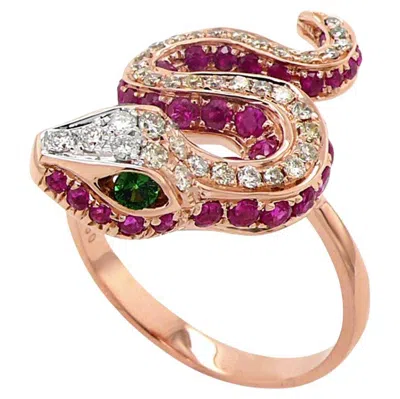 Pre-owned Unbranded Ruby Fancy Diamond Garnet & White Diamond 18k Rose Gold Snake Ring