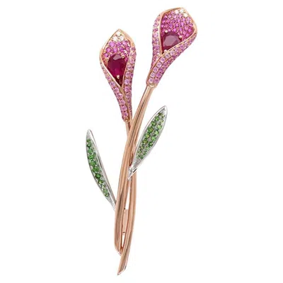 Pre-owned Unbranded Ruby Pink Sapphire Green Garnet & Diamond Flower 18k Rose Gold Pin Brooch In Red