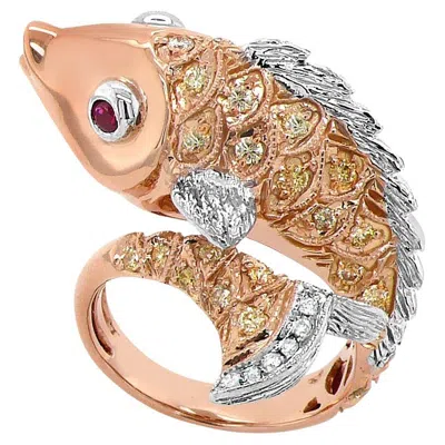 Pre-owned Unbranded Sea Fish Diamond Pave Ruby 18k Rose & White Gold Animal Ring