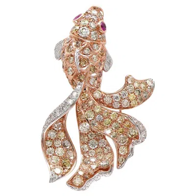 Pre-owned Unbranded Sea Fish White Yellow Diamond Pave & Ruby 18k Rose Gold Animal Ring