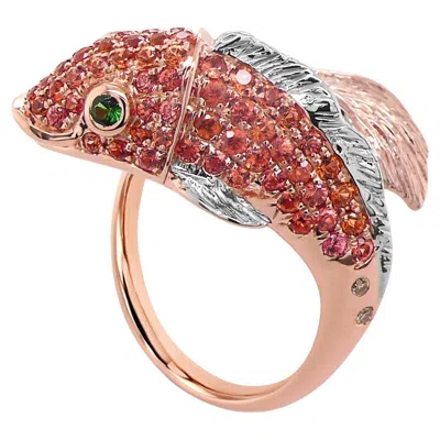 Pre-owned Unbranded Sea Koi Fish Orange Sapphire Diamond Pave & Green 18k Rose Gold Animal Ring In Red