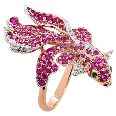 Pre-owned Unbranded Sea Koi Fish Ruby Diamond Pave & Green 18k Rose Gold Animal Ring In Red