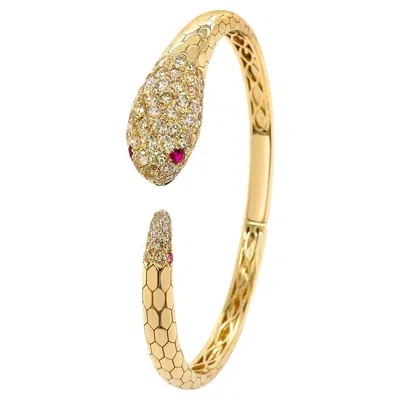 Pre-owned Unbranded Serpent Fancy Diamond Ruby & White Diamond 18k Yellow Gold Snake Bangle Bracelet