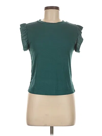Pre-owned Unbranded Short Sleeve Top Teal Ruffles Neckline Tops In Blue