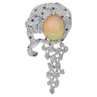 Pre-owned Unbranded Snow White Leopard Pave & Opal Diamond Sapphire Emerald White Gold Pin Brooch