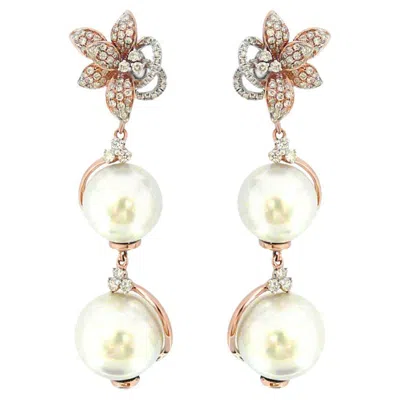 Pre-owned Unbranded South Sea Pearl & White Diamond Floral Flower 18k Gold Drop Statement Earrings
