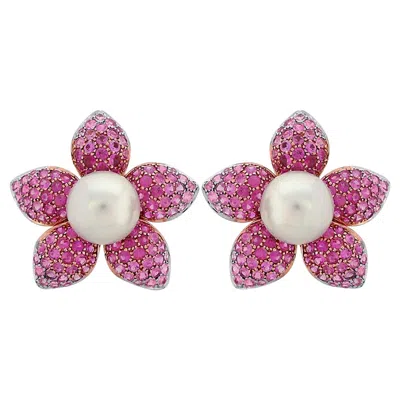 Pre-owned Unbranded South Sea White Pearl & Pink Sapphire Pave Set 18k Rose Gold Earrings