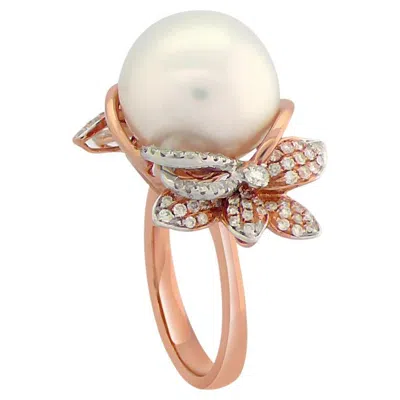 Pre-owned Unbranded South Sea White Pearl & White Diamond Flower Floral 18k Rose Gold Ring