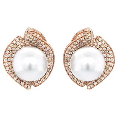 Pre-owned Unbranded South Sea White Pearl Fancy Diamond Floral Pave Set 18k Rose Gold Earrings