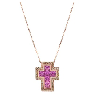Pre-owned Unbranded Square Cut Pink Sapphire & Fancy Diamond 18k Rose Gold Cross Pendant Necklace In Red