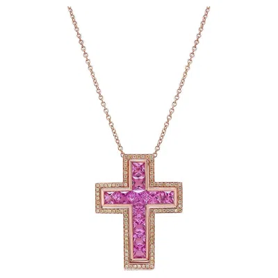 Pre-owned Unbranded Square Cut Pink Sapphire & Fancy Diamond 18k Rose Gold Cross Pendant Necklace In Red