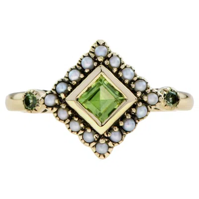 Pre-owned Unbranded Square Green Peridot & Pearl Halo Set Vintage Style 9k Yellow Gold Ring
