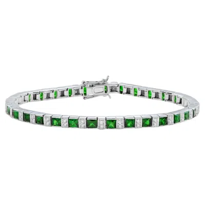 Pre-owned Unbranded Square Green Tsavorite & Diamond Art Deco Style Tennis Line White Gold Bracelet