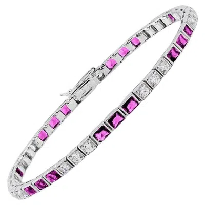 Pre-owned Unbranded Square Pink Ruby & Diamond Art Deco Style Tennis Line White Gold Bracelet