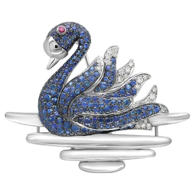 Pre-owned Unbranded Swan Blue Sapphire Diamond Ruby & Pearl 18k White Gold Bird Animal Brooch