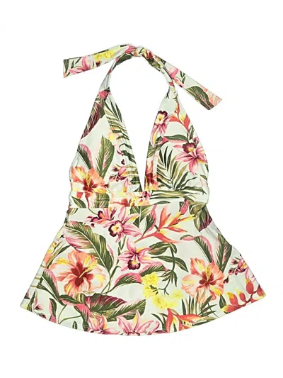 Pre-owned Unbranded Swimsuit Top Ivory Tropical Pattern Swimwear In White