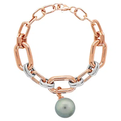 Pre-owned Unbranded Tahitian Grey Pearl White Diamond 18k Rose & White Gold Link Bracelet