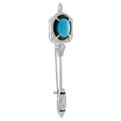 Pre-owned Unbranded Teal Blue Turquoise Diamond Onyx Art Deco Inspired Style White Gold Brooch Pin