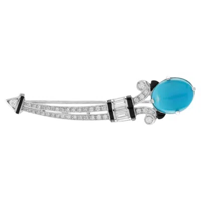 Pre-owned Unbranded Teal Blue Turquoise Diamond Onyx Art Deco Style 14k White Gold Pin Brooch