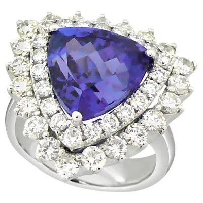 Pre-owned Unbranded Trillion Shape Blue Tanzanite & White Diamond Halo 18k White Gold Trillion Ring