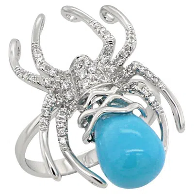 Pre-owned Unbranded Turquoise White Diamond 18k White Gold Spider Insect Animal Ring